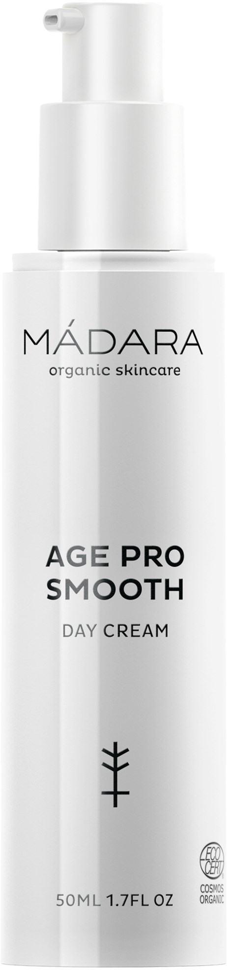 Een witte fles van Madara huidverzorgingsproduct met label 'Age Pro Smooth Day Cream' en pomp.