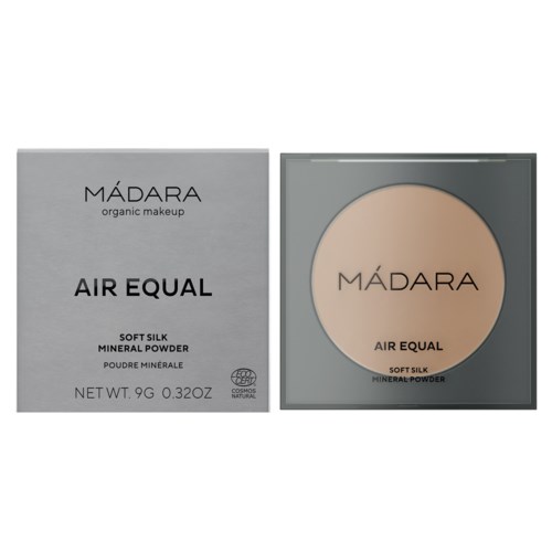 Meikkituote laatikko ja hiontapakkaus, molemmat merkinnältä MÁDARA Air Equal Soft Silk Mineral Powder.