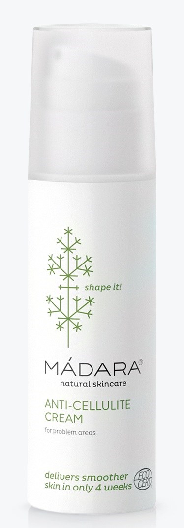 En vit flaska med en grön snöflinga och text, märkt "MÁDARA Anti-Cellulite Cream" för slätare hud.