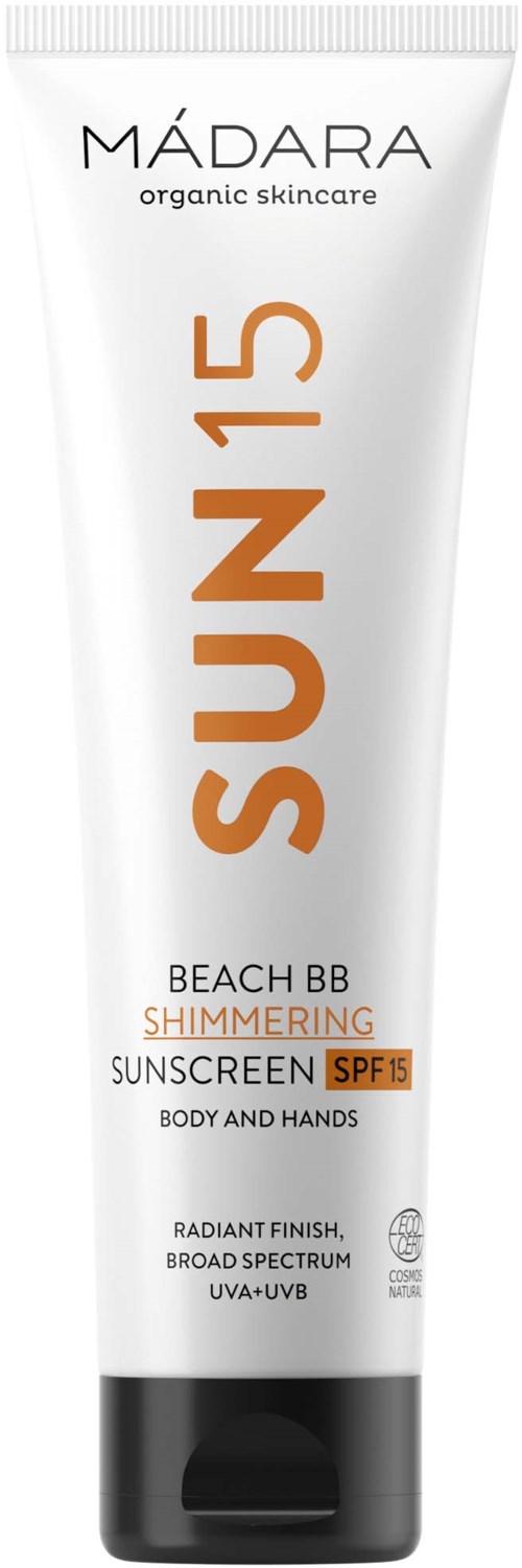 En vit tub med solskyddsmedel märkt 'MÁDARA SUN15' med funktioner som strand, skimrande, SPF 15, bredspektrum och UV-skydd.