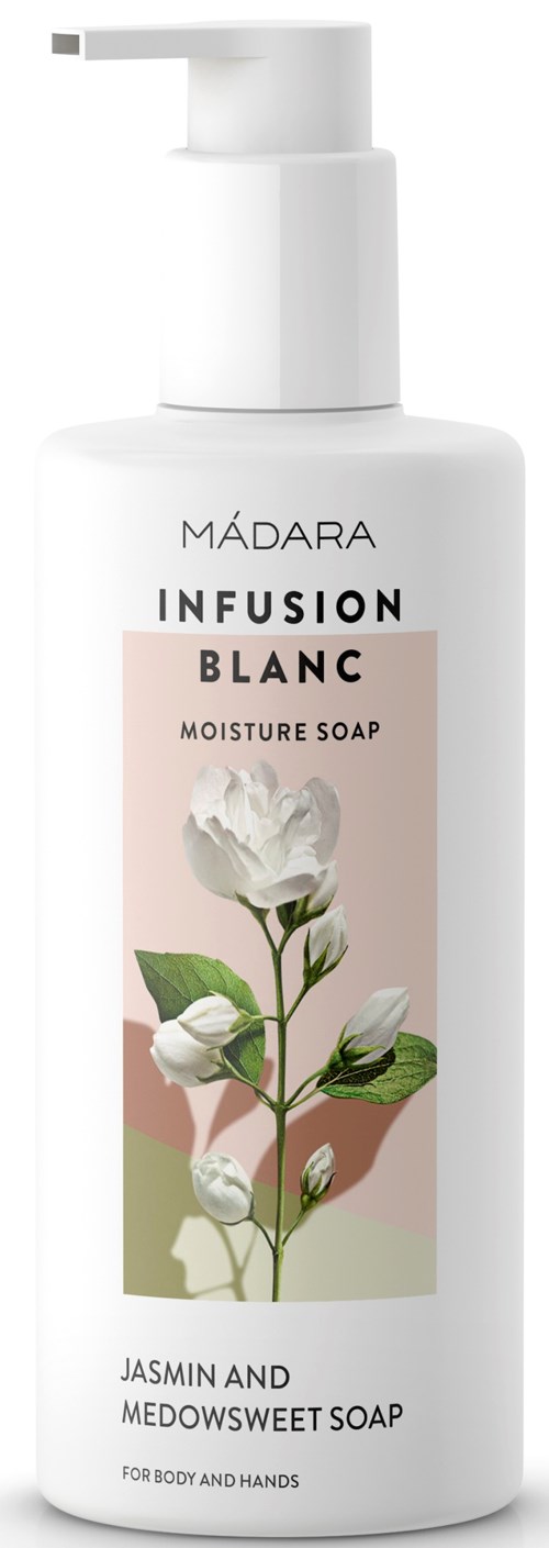En vit flaska med pump, märkt Mádara Infusion Blanc Moisture Soap, med blomillustration och text.