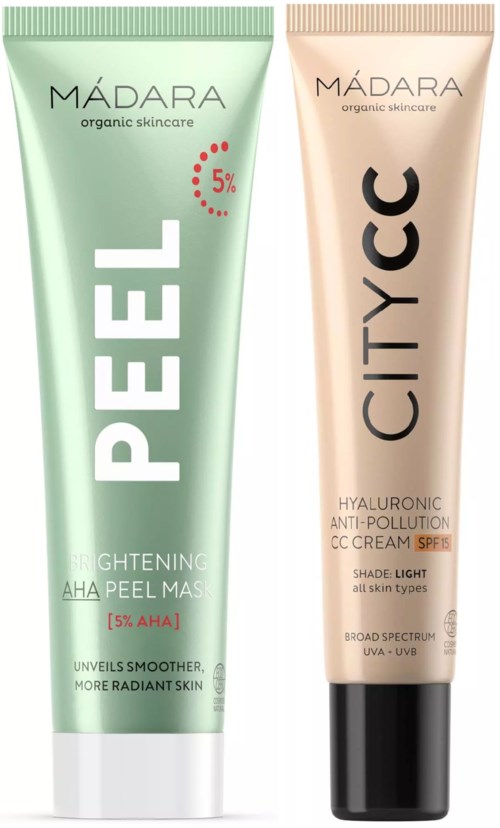 To hudplejeprodukter: en grøn peelingmaske og en beige cc-creme, begge fra Mádara, til strålende og beskyttet hud.