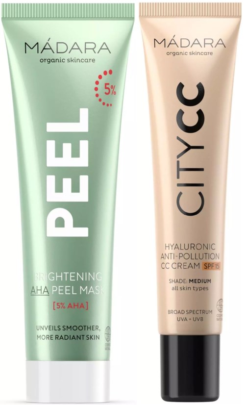 Kaksi ihonhoitoputkea, yksi vihreä Peeling ja yksi beige City CC, sisältäen SPF:n ja laajan suojan.