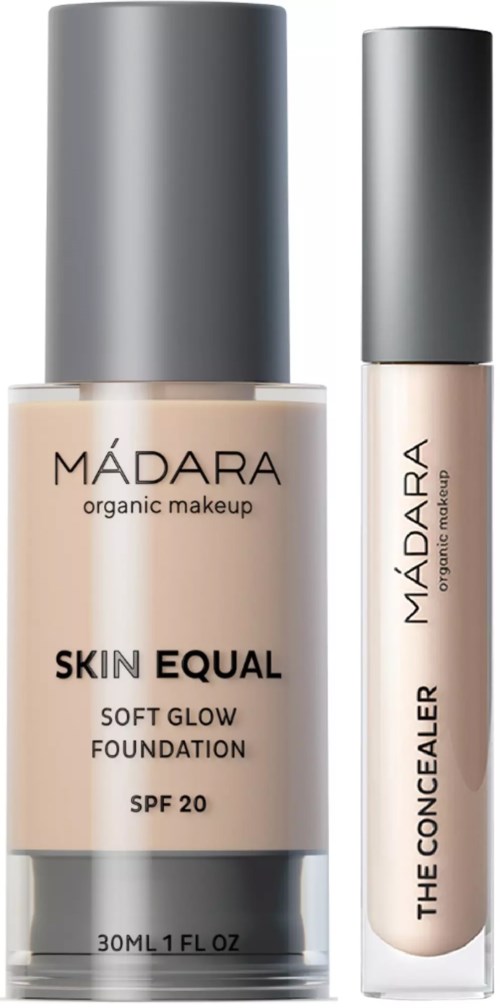 Zwei Make-up-Produkte: eine Foundation und ein Concealer, beide von Madara, in Silber- und transparenten Flaschen.