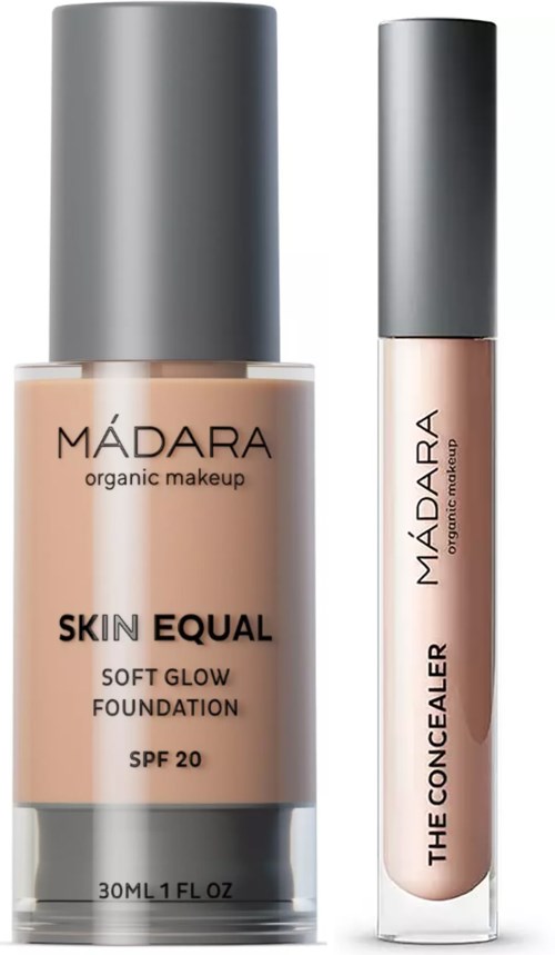 Zwei Make-up-Produkte: eine Foundation und ein Concealer, beide mit grauen Verschlüssen und heller Verpackung von Mádara.