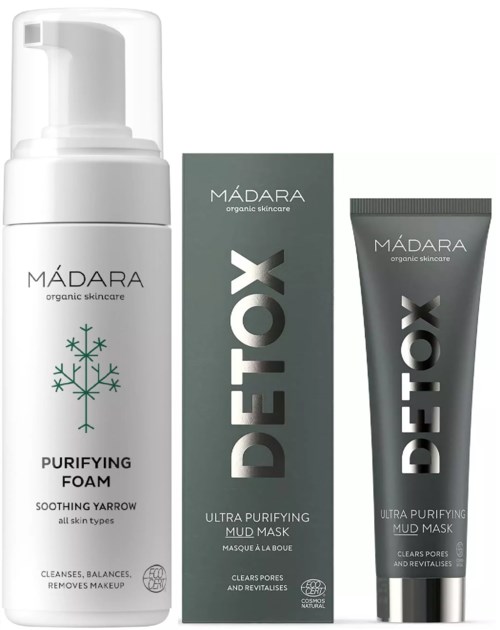 Tre hudvårdsprodukter: Rensande skumm, detox-lera maske i låda och tub av detox-lera mask.