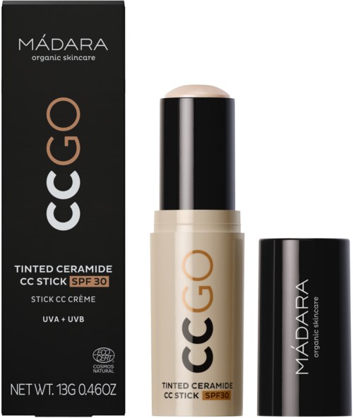 CC-stift med pigmenterad ceramid, SPF 30, och naturliga ingredienser från Madaara, i en vit och svart behållare.