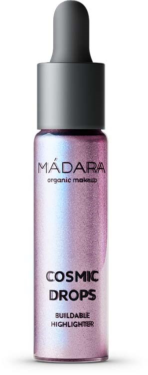 En liten glasflaska med droppkapsel, märkt 'MADARA Cosmic Drops' med en glänsande, iriserande yta.