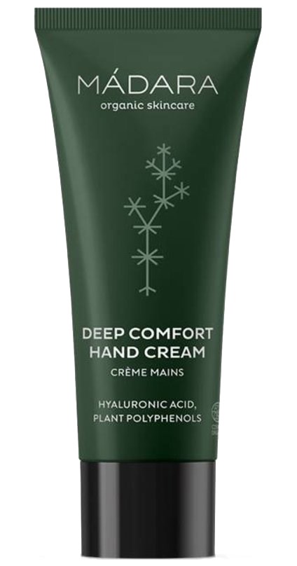 Green tube of Madara deep comfort hand cream with snowflake design and white text.