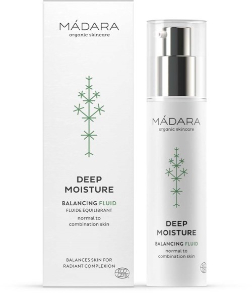 En hvit eske og flaske for Madara Deep Moisture Balancing Fluid med grønt tre-design og produktdetaljer.