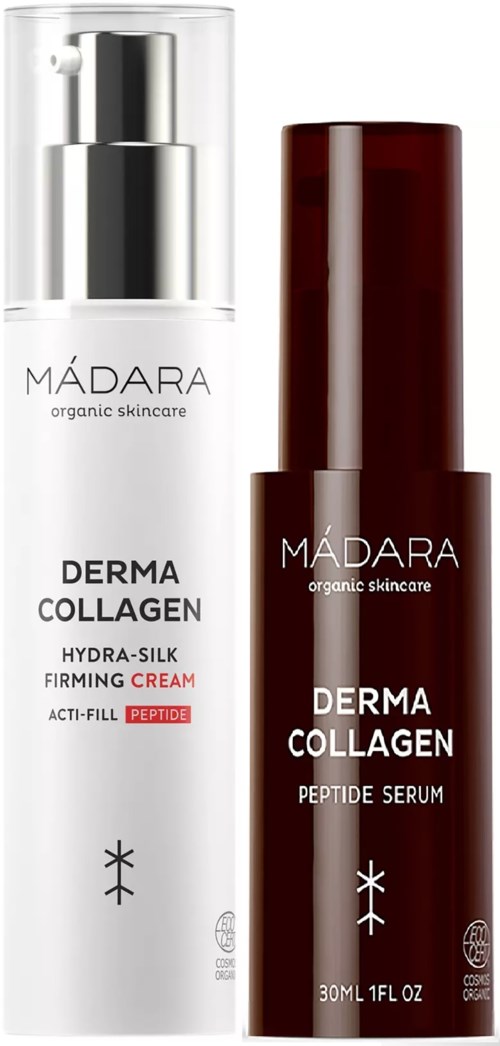 Zwei Hautpflegeflaschen mit Mádara, eine weiße für Creme, eine braune für Serum, vor einfachem Hintergrund.