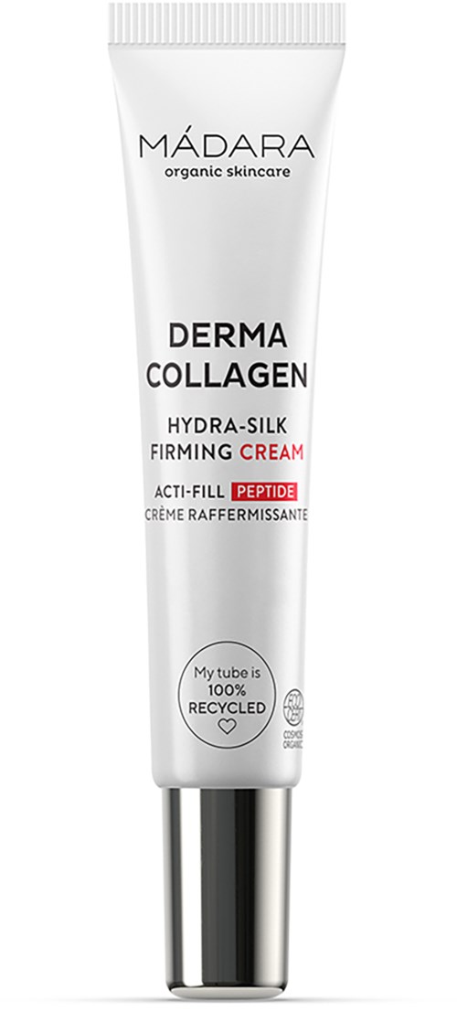 En hvid tube med Madara Derma Collagen Hydra-Silk Firming Cream. Tuben har sølv i bunden og sort tekst.