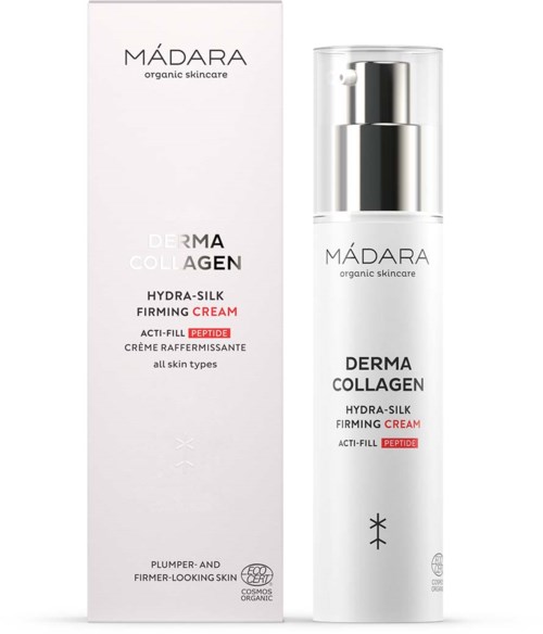 Eine weiße Packung und Flasche mit Madara Hautpflegeprodukt namens Derma Collagen Hydra-Silk Firming Cream. Die Flasche hat einen Pumpspender.
