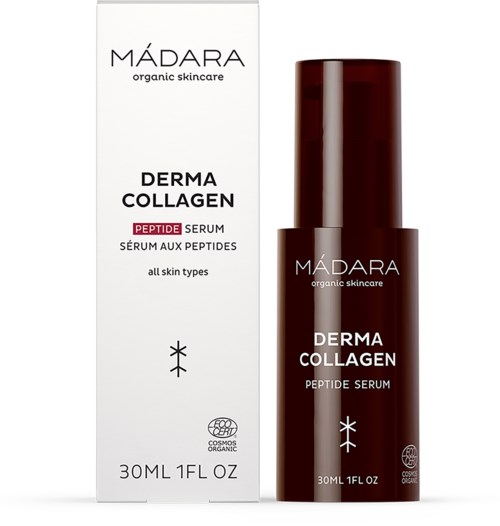 Eine weiße Schachtel und eine dunkelrote Flasche mit Madara Dermal Collagen Peptidserum für alle Hauttypen.