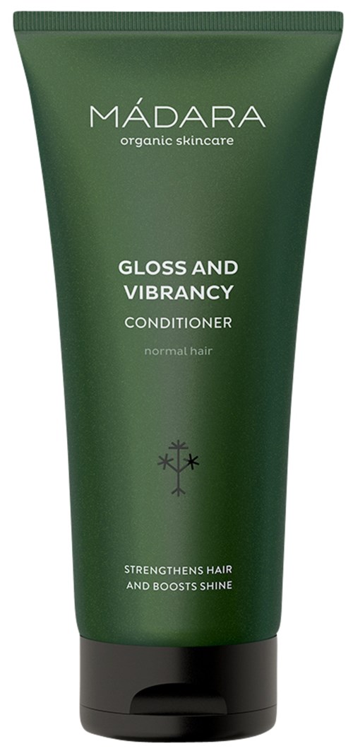 Grønn tube med Madara balsam for normalt hår, gir glans, styrker håret, med økologiske ingredienser.