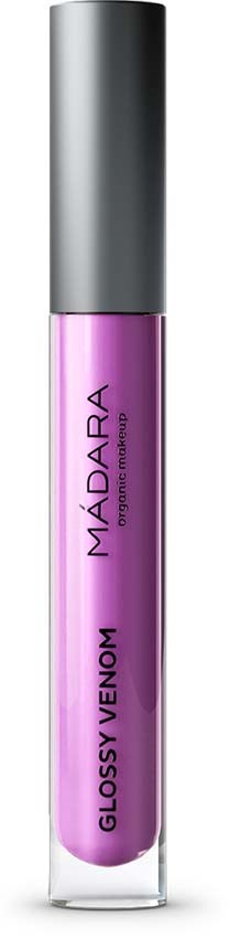 En lila läppglans i en klar tub med ett silverlock. Märket 'MADARA' och produktnamnet 'GLOSSY VENOM' står på tuben.