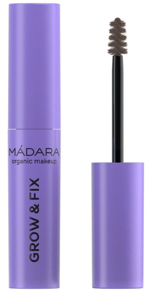 Lila Wimperntusche mit Kappe und Bürste, mit 'GROW & FIX' beschriftet von MADARA Bio-Make-up.