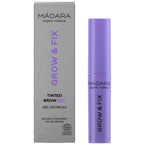 Violetti kulmage lowkaa ja vieressä on harmaata laatikkoa, jossa lukee 'MÁDARA organic makeup' kulmien kasvattamiseen ja pysyvyyteen.