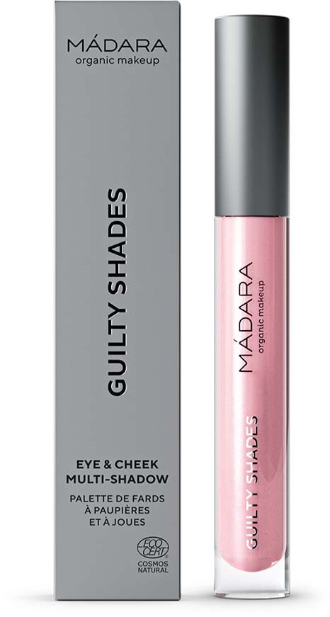 En makeup-produkt som heter Guilty Shades, i en rosa glossrör, med en grå låda. Den är för ögon och kinder.