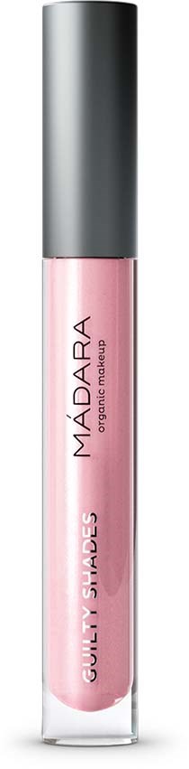 En rosa flytande läppglans i en klar tub med silverlock, märkt "MADARA" och "GUILTY SMUDGES".