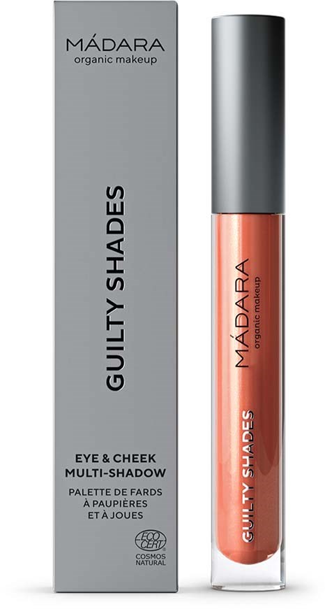 En makeupprodukt kallad Guilty Shades, med ett grått paket och ett rör med orange läppglans.