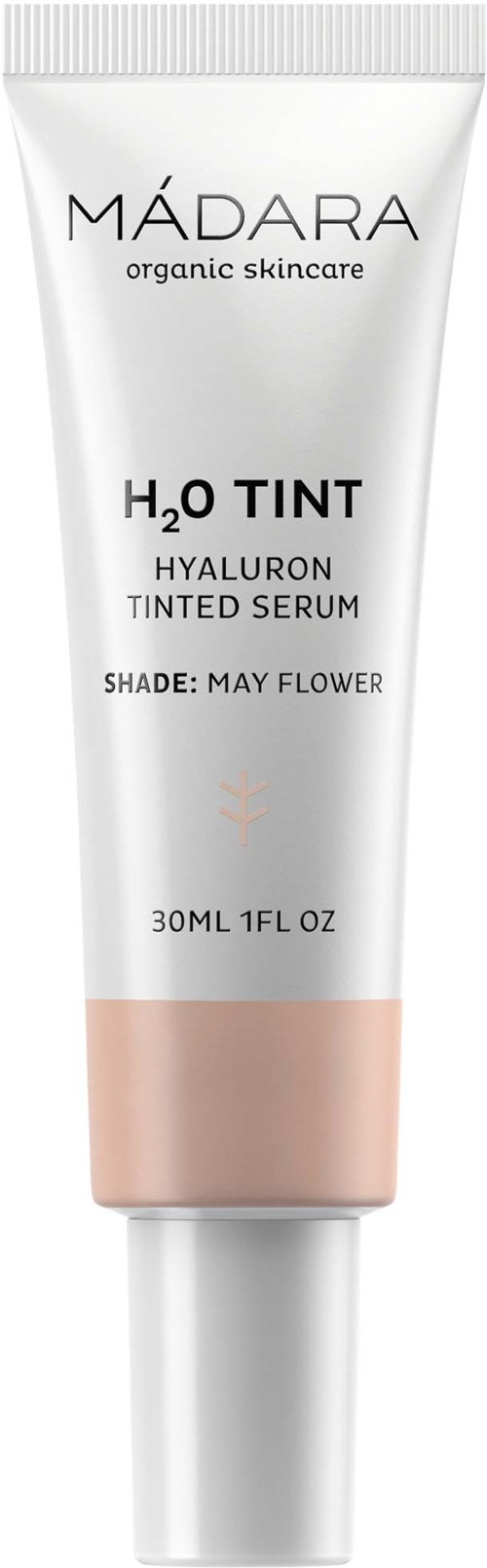 Hvit tube med rosa bunnetikett, tekst om hydratiserende tonet serum fra Madara, nyanse er May Flower.