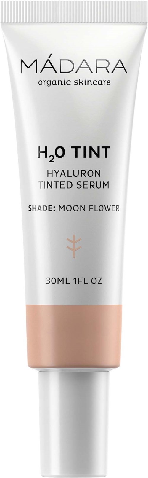 Biała tubka produktu do pielęgnacji skóry z różową taśmą, oznaczona 'MADARA,' 'H2O TINT' i 'HYALURON TINTED SERUM.'