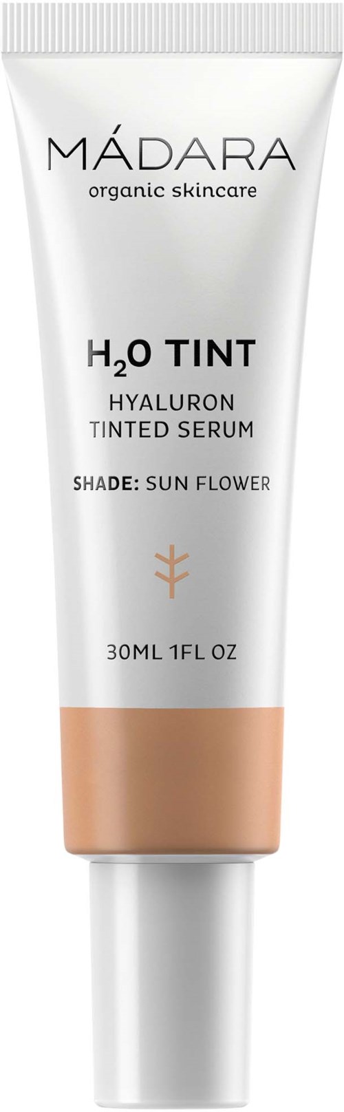 En vit tub med beige botten innehåller MÁDARA vattenfärgad serum, designad för solskydd med solrosfärg.