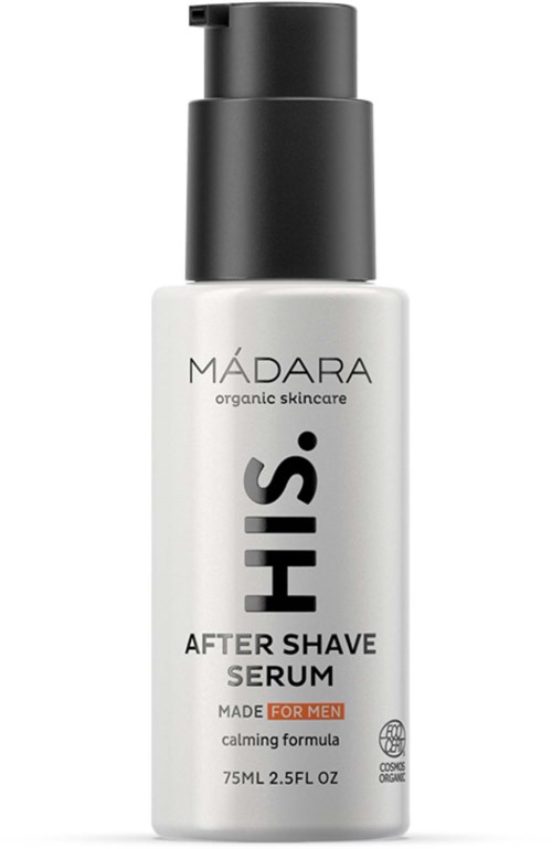 En hvit flaske med svart pumpe merket 'HIS After Shave Serum' for menn, laget av Mádara, med økologisk sertifisering.