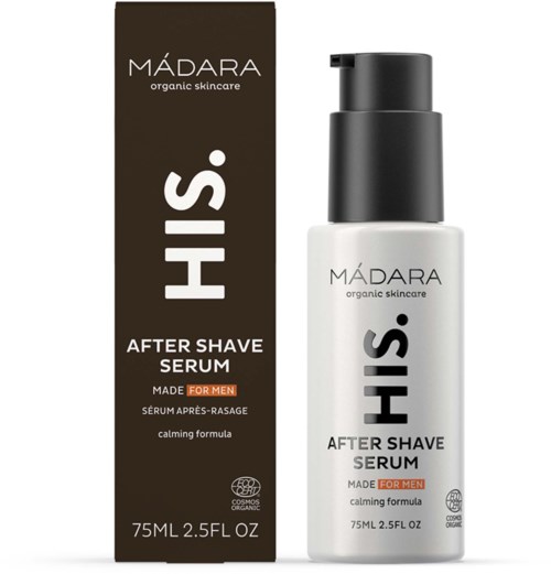 En hvit flaske med after shave serum for menn, med svart lokk, ved siden av sin brune eske. Merket sier 'His'.