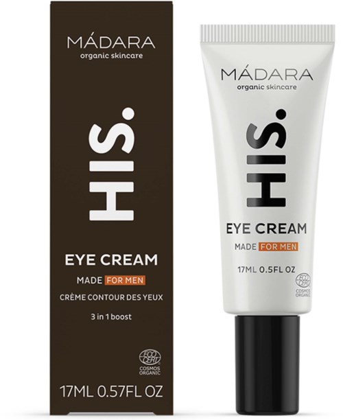 A box and tube of HIS Eye Cream for Men, featuring black and white design with orange label accents.