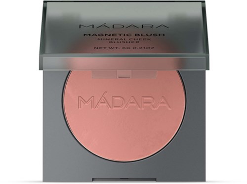 A pink blush compact with a clear lid, labeled 'MÁDARA' and 'Magnetic Blush'.