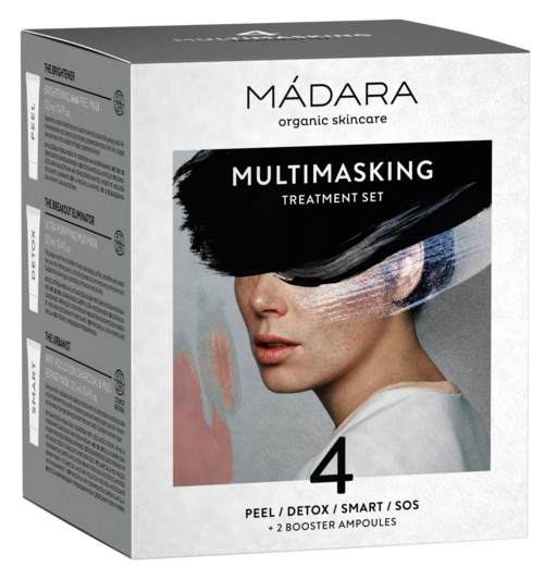 Boks med en kvindes ansigt og sort malerstreg, mærket 'MÁDARA MULTIMASKING TREATMENT SET'.