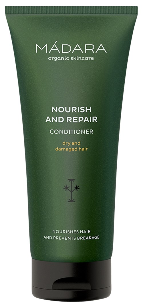 Gröngul tub med Madara-balsam för torrt, skadat hår med text om näring och reparation. Liten logotyp längst ner.