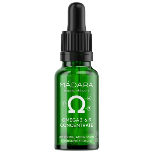 Grønn dråpeflaske merket 'MÁDARA Omega 3-6-9 Concentrate' for tørr, hard, aldrende hud etter soleksponering.