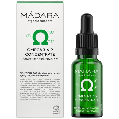 Bildeteksten viser en grønn glassflaske med sort pipette og hvit etikett for Madara Omega 3-6-9 Concentrate.