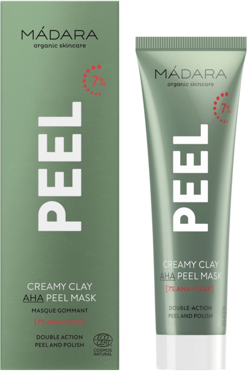 En grønn eske og tube med Madara Peel Creamy Clay Mask, som lover dobbelvirkning av peeling og polering, med 7 % AHA.