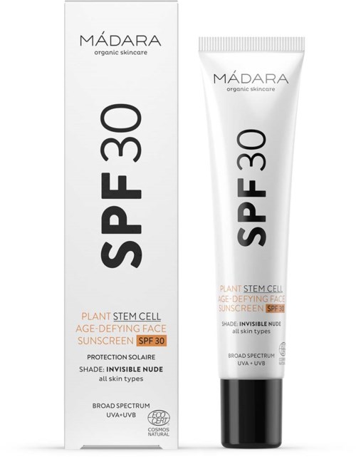 En hudvårdsprodukt vid namn MÁDARA SPF 30 med SPF-skydd, för ansiktet, lämplig för alla hudtyper och brett spektrum.