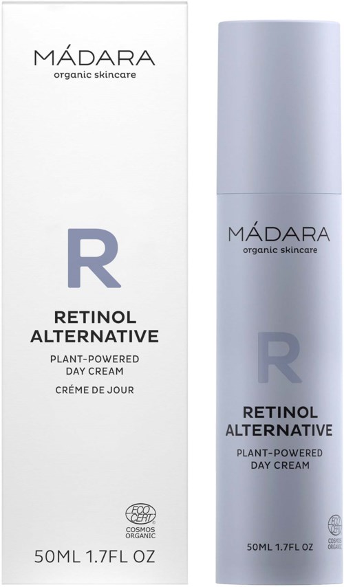 Een witte doos en een lichtblauwe fles beide tonen MÁDARA biologische huidverzorging, Retinol Alternative dagcrème, 50 ml.
