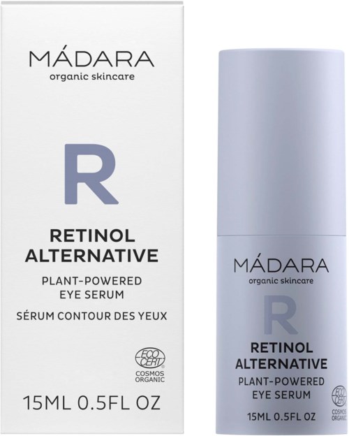En vit låda och ljuslila flaska av Madara Retinol Alternative ögonserum med enkel text, som visar ekologisk hudvård.