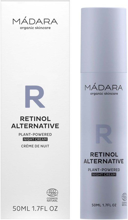 Eine weiße Verpackung und eine lila Flasche zeigen beide MÁDARA Bio-Hautpflege Retinol Alternative Nachtcreme.