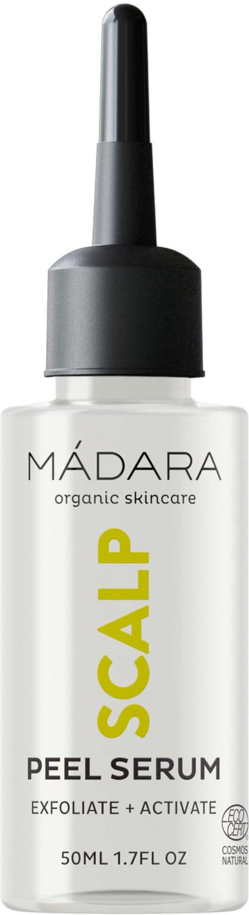 Valkoinen pullo mustalla tipillä, merkinnällä 'SCALP PEEL SERUM' MÁDARA, nenän taitteen ja aktivoimiseen.
