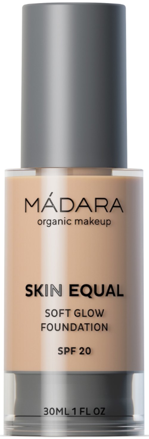 Eine Flasche Mádara Bio-Make-up-Grundierung namens Skin Equal mit SPF 20.