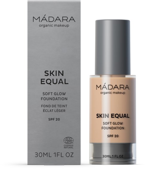 Eine Schachtel und Flasche Madara Skin Equal Soft Glow Foundation mit SPF 20, 30ml.