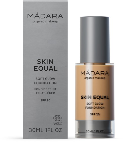 Eine Foundation-Flasche und -Box mit den Worten: Madara, organische Kosmetik, skin equal, soft glow foundation, SPF 20.