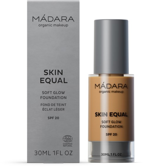 Ein Foundation-Flasche und eine Schachtel mit der Aufschrift 'Madara', für Haut-Make-up, mit SPF 20, in neutralen Tönen.