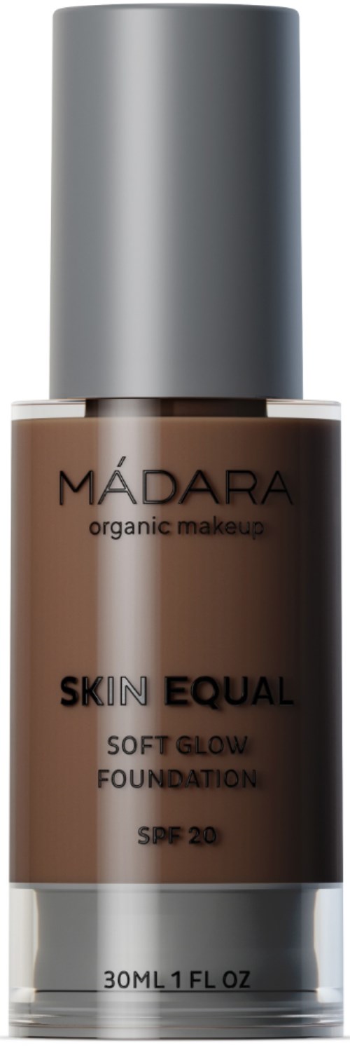 Eine Flasche Madara Bio-Make-up-Grundierung für Hautgleichheit mit SPF 20 in brauner Flasche mit silberner Kappe.
