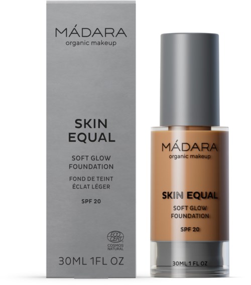 Foundation-Flasche mit "Skin Equal" Beschriftung, grau-box, silberner Deckel, SPF 20, 30ml.