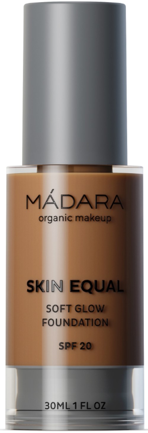 Eine Flasche Madara Skin Equal Foundation mit SPF 20, in braun, mit silberner Kappe.