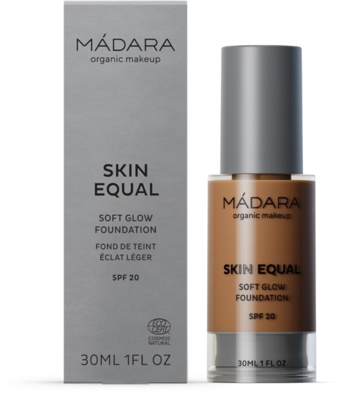 Eine Foundation-Flasche neben ihrer Verpackung, beschriftet 'Skin Equal Soft Glow Foundation' mit SPF 20, 30ml.